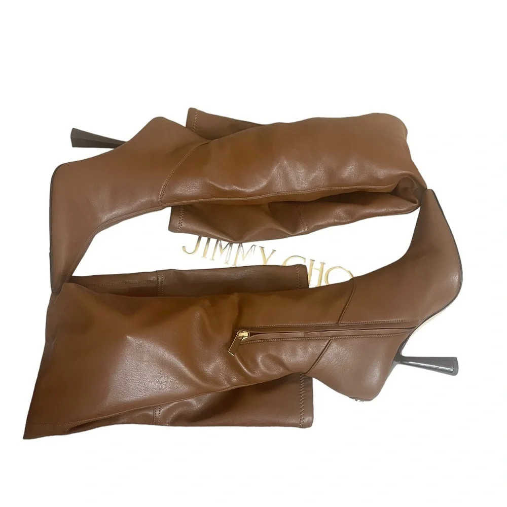JIMMY CHOO Bryson 100 Tan Stretch Bonded Fabric Over-The-Knee‎ Boots Tan SZ 35.5